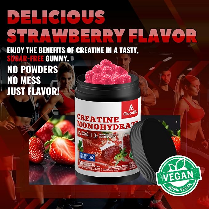 Creatine Monohydrate Gummies (5g) – Pre-Workout Energy & Muscle Growth Support for Men & Women | Strawberry Electrolyte Gummies (135 Count)