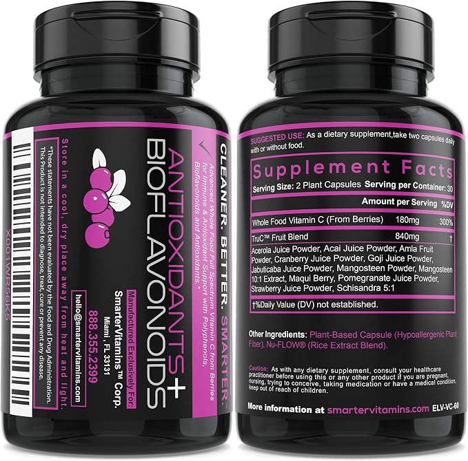 SmarterVitamins (3 Pack) Raw Whole Food Vitamin C Natural Immune Support from Berries, Premium Antioxidants, Bioflavonoids & Polyphenols, 180 Vegan Capsules