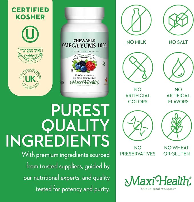 Maxi Health Omega Yums 1000 - Kid Friendly - Fruity Burst Flavor - 110 Softgel Capsules - Kosher