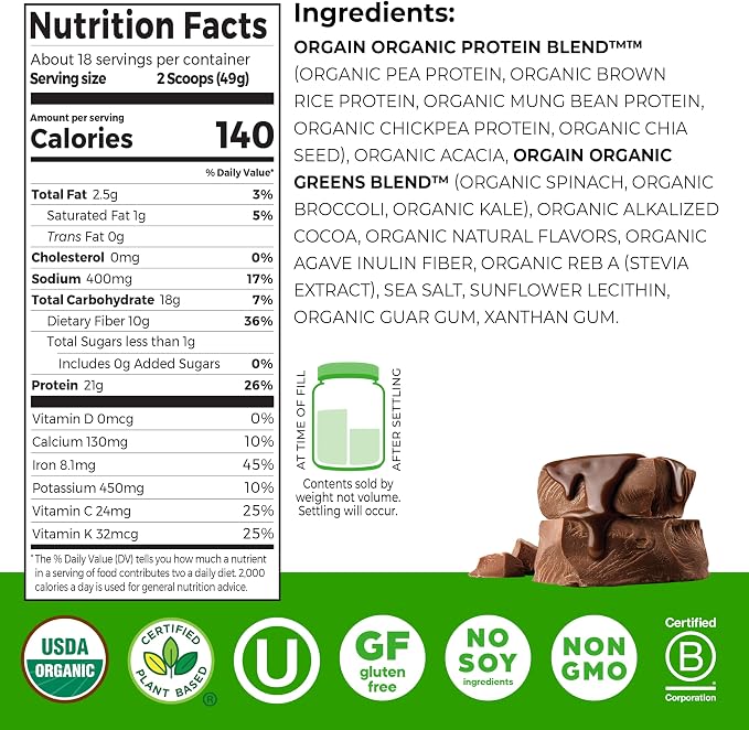 Orgain Organic Vegan Protein Powder + Greens, Creamy Chocolate Fudge - 21g Plant Based Protein, Gluten Free, Dairy & Lactose Free, Soy Free, No Sugar Added, Iron & Prebiotics for Gut Health - 1.94lb