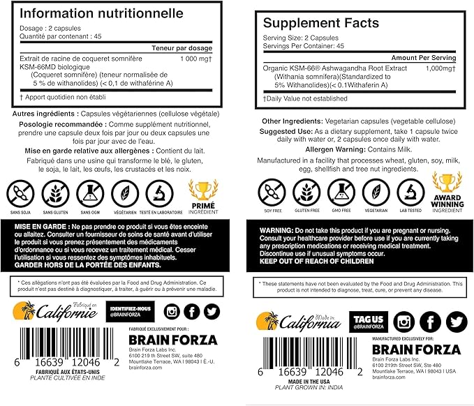 Brain Forza KSM-66 Ashwagandha Organic Pure Root Extract, Strongest 1,000mg Dose, High Potency 5% Withanolides, Hormone Health, Cognitive Support, Organic, Non-GMO, 90 Capsules