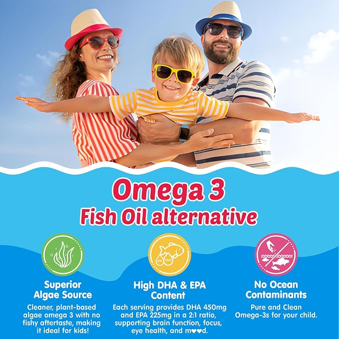 Kids Omega 3 Gummies + Calcium 400mg + Vitamin D3 K2 + C, Omega-3 DHA & EPA Supplement - No Fish Burps, No Sugar - Kids & Teens Omḛga 3 + Multivitamin Gummy for Strong Bones, Brain, Immune, Eye, 2Pack