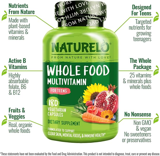 NATURELO Multivitamins for Teenage Girls/Boys, 180 Capsules, Whole Food Multivitamin with Minerals, Non-GMO, Vegetarian