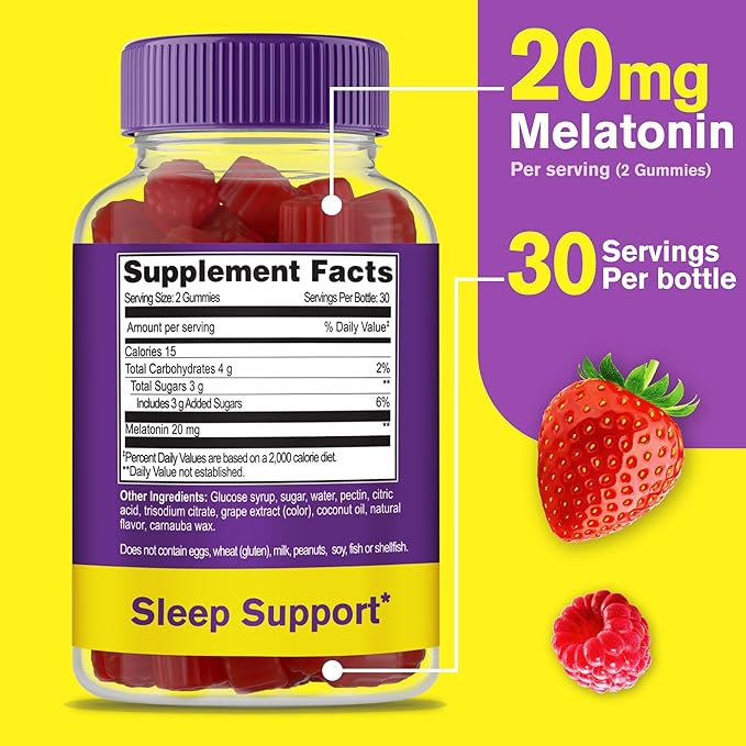 WellYeah Melatonin Gummies 20mg (2 Pack) | Sleep Support | Maximum Strength Melatonin 20mg Gummies for Adults | Fast Dissolved | Great Berry Flavor | 60 Count | Vegan, Non GMO