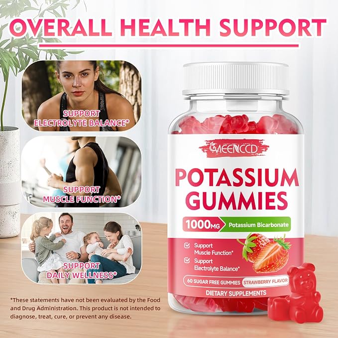 Potassium Gummies, Potassium Bicarbonate Supplement for Adults & Kids, Potassium Supplement for Electrolyte Balance & Muscle Heath, Sugar-Free, Strawberry Flavor, 60 Count