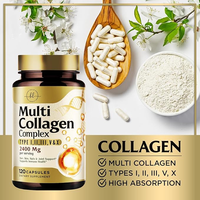 Multi Collagen Peptides for Women & Men - 2400mg per Serving - Best Hydrolyzed Collagen Complex with Type I, II, III, V, X - Hair, Skin, Nails & Joint Support Supplement - Bottled USA - 120 Capsules