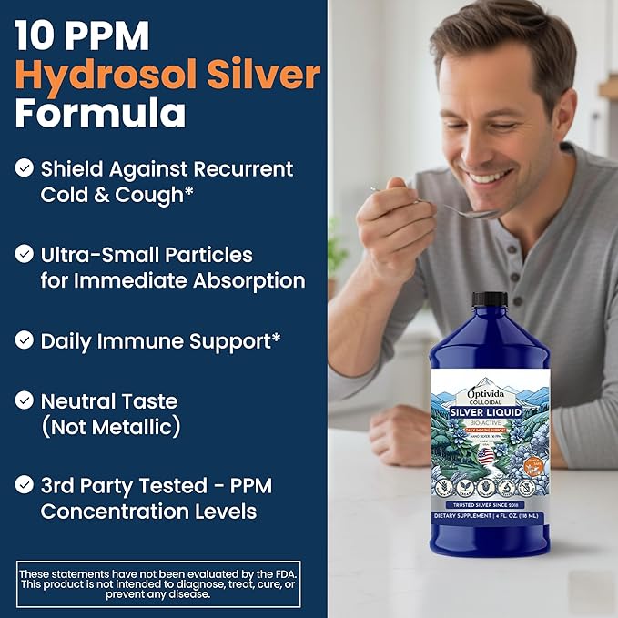 Optivida Colloidal Silver Liquid - 10 PPM Liquid Silver Immune Support, Pure Nano Silver Hydrosol Liquid for Family Wellness - Natural Silver Water for Adults & Kids, Non-GMO, 3rd Party Tested - 32 Oz
