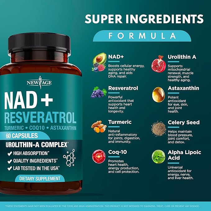 NEW AGE NAD+ Supplement Complex – NAD+ 300 mg with Astaxanthin, Urolithin A, Resveratrol, CoQ10 & Antioxidant Blend – Cellular Energy, Mitochondrial Support or Women & Men – Vegan, Non-GMO- 60 Count