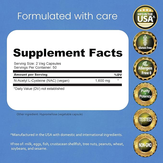 NaturaLife Labs N-Acetyl-L-Cysteine (NAC) 1600 mg – 100 Capsules, Non-GMO & Gluten-Free