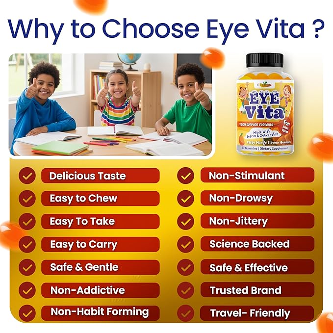 Kids Eye Vitamins - Eye Health Gummy for Kids & Teens, Lutein Gummies 12mg with Zeaxanthin 30 Easy-to-Chew, Mango Flavor Gummies - Natural, Vegan, and Non-GMO Formula