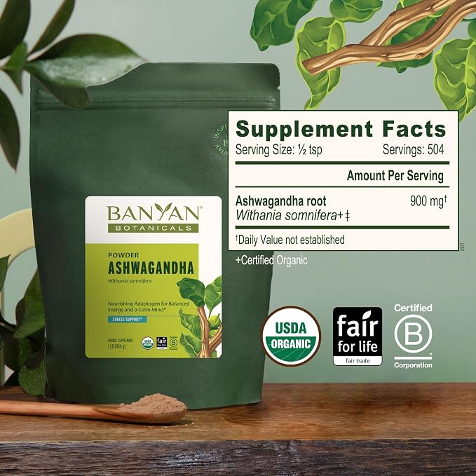 Banyan Botanicals Organic Ashwagandha Root Powder–1lb Bulk (504 Servings)Natural Cortisol Manager & Adrenal Support–Stress Relief, Better Sleep & Energy–Adaptogen for Smoothies & Moon Milk–Vegan,FFL*