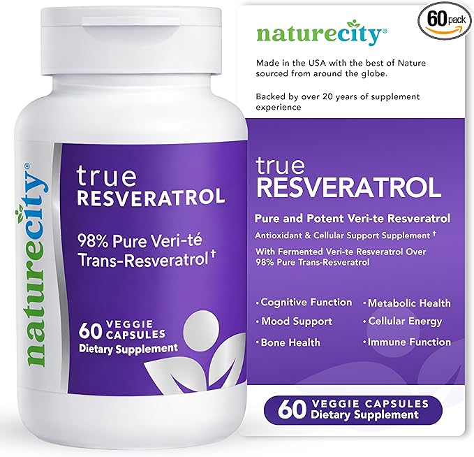 NatureCity TrueResveratrol – Resveratrol Supplement & Anti-Aging Support with 75mg Trans-Resveratrol (98% Pure Veri-te) for Heart, Immune, Bone & Cognitive Health | 60 Veggie Capsules