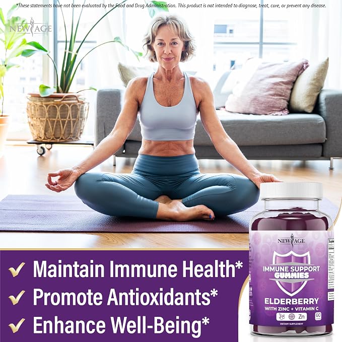 NEW AGE Immune System Support Gummies - Sambucus Black Elderberry Gummies with Vitamin C and Zinc (180 Count (Pack of 3))