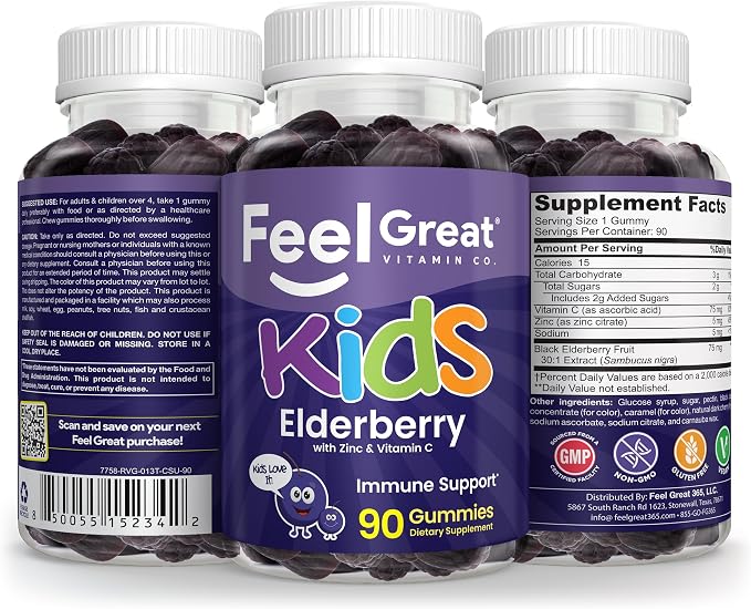 Feel Great Vitamin Co. Elderberry Gummies for Kids | Immune Support | Natural Antioxidant Immune Booster | with Vitamin C and Zinc | Gluten Free & Vegetarian | 90 ct 2 Pack