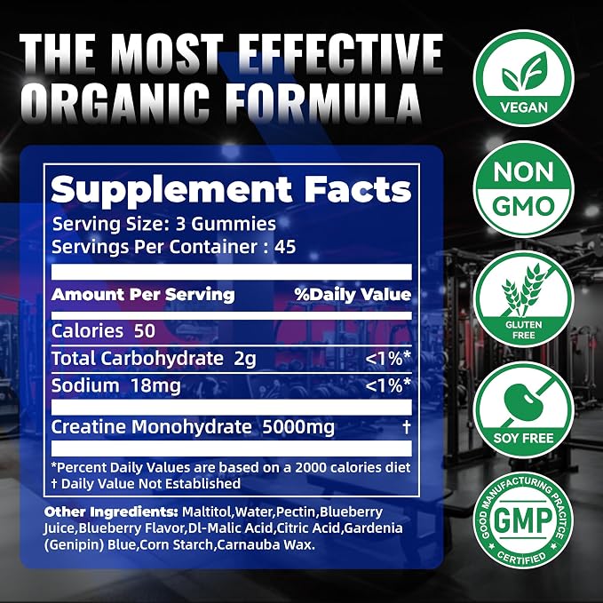 NSF Certified Creatine Gummy - Creatine Monohydrate Gummies for Men & Women-5g of Creatine Monohydrate per Serving - Sugar Free,Vegan, Blueberry Electrolyte Chews, 135 Count