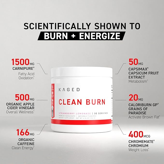 KAGED Clean Burn | Thermogenic Fat Burner Powder | CaloriBurn GP, L Carnitine, Coconut Water | Boost Metabolism, Energy, Focus | Orange Mango