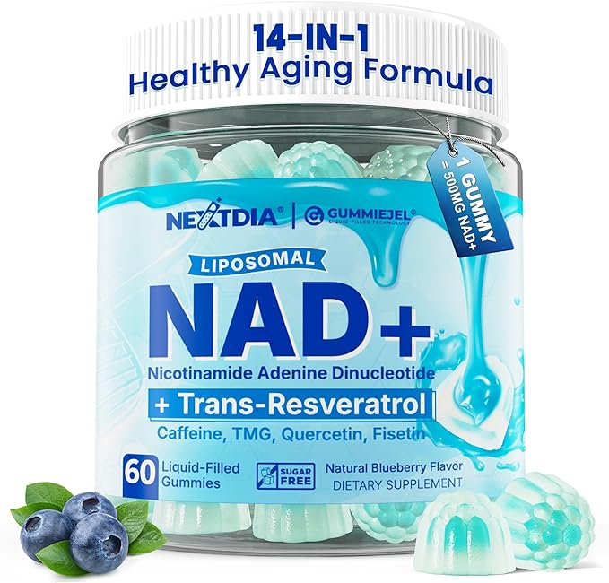 Liposomal Nad+ Supplement for Women, Men - Max Absorption Nad Gummies Plus Resveratrol, Fisetin, Quercetin, TMG, Caffeine, B12 for Aging Defense, Energy & DNA Repair, Skin, Brain, Antioxidant - 60Cts