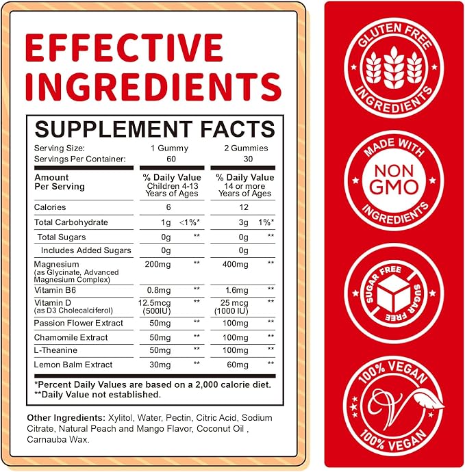 Magnesium Gummies for Kids - Magnesium Glycinate Gummies with L-Theanine, Vitamin B6, D3 for Kids & Adults Sleep, Calm, Relaxation, Stress, Brain, Bones, Muscle Relief, Sugar Free Peach & Mango 60ct