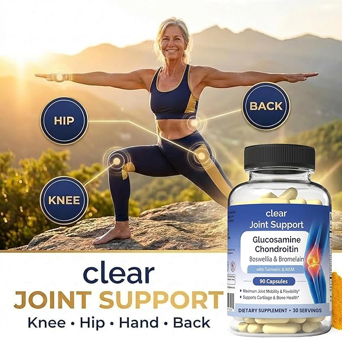 Clear Joint Support - Glucosamine Chondroitin MSM with Turmeric & Boswellia | 8-in-1 Formula | 90 Capsules (30-Day Supply) | Supports Knee, Hip & Back Health | Made in USA