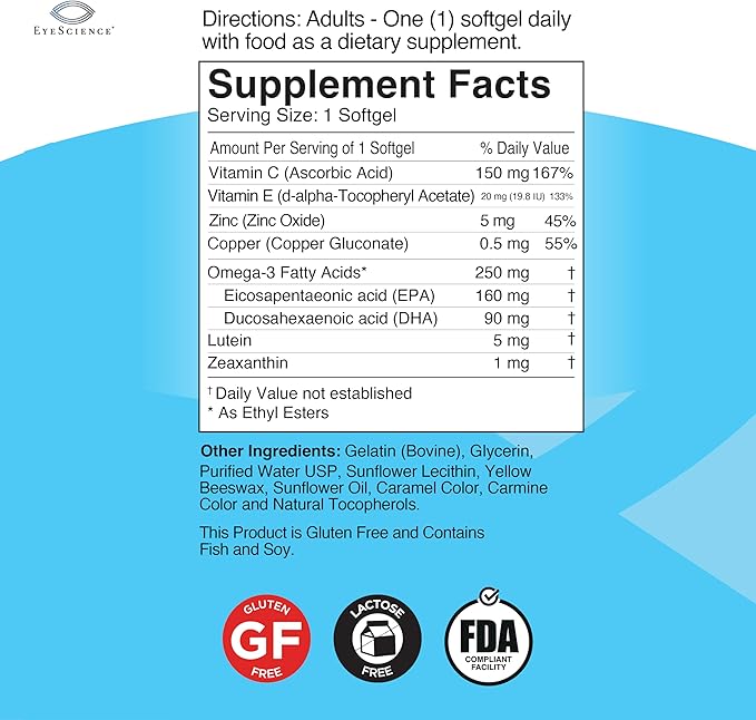 EyeScience Adult Eye Health Formula – Eye Vitamins with Omega-3 (EPA/DHA), Lutein & Zeaxanthin Supplement with Vitamins C & E – Daily Eye Health Support – 60 Softgels (60-Day Supply)