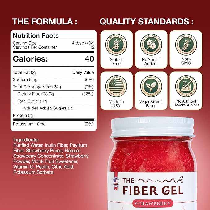 High Dietary Fiber Prebiotic Gel Formula — 100% Natural & Clean Label — Plant-Based Psyllium Husk & Inulin Complex — Keto Friendly, Vegan, No Added Sugar — Strawberry, 16 oz