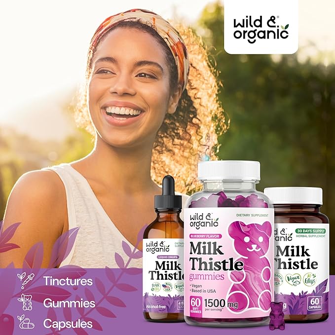 Wild & Organic Milk Thistle Gummies 1500 mg - Milk Thistle Supplement for Liver Cleanse Detox - Silymarin Liver Detox Gummies - 30 Days Supply - 60 Vegan, Non-GMO Chews