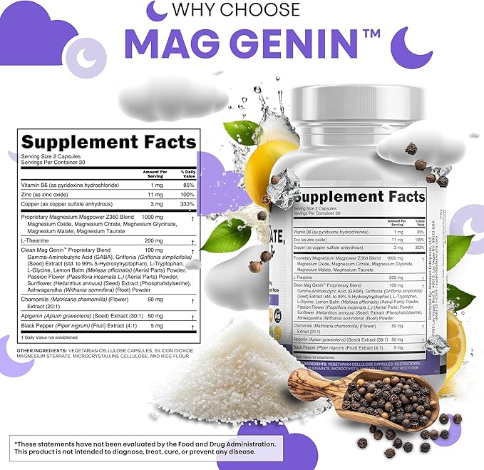 Clean Nutraceuticals Magnesium Glycinate Complex 1000mg with L-Theanine 200mg Apigenin 50mg Citrate Taurate Supplement (60 Count (Pack of 2))