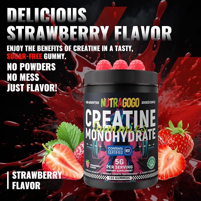 NSF Certified Creatine Gummy - Creatine Monohydrate Gummies for Men & Women-5g of Creatine Monohydrate per Serving - Sugar Free,Vegan, Strawberry Electrolyte Chews, 135 Count