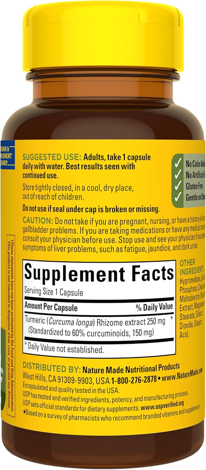 Nature Made High Absorption Turmeric Curcumin Supplement Capsules, Turmeric Supplement, Muscle and Joint Support, 30 Capsules, 30 Day Supply
