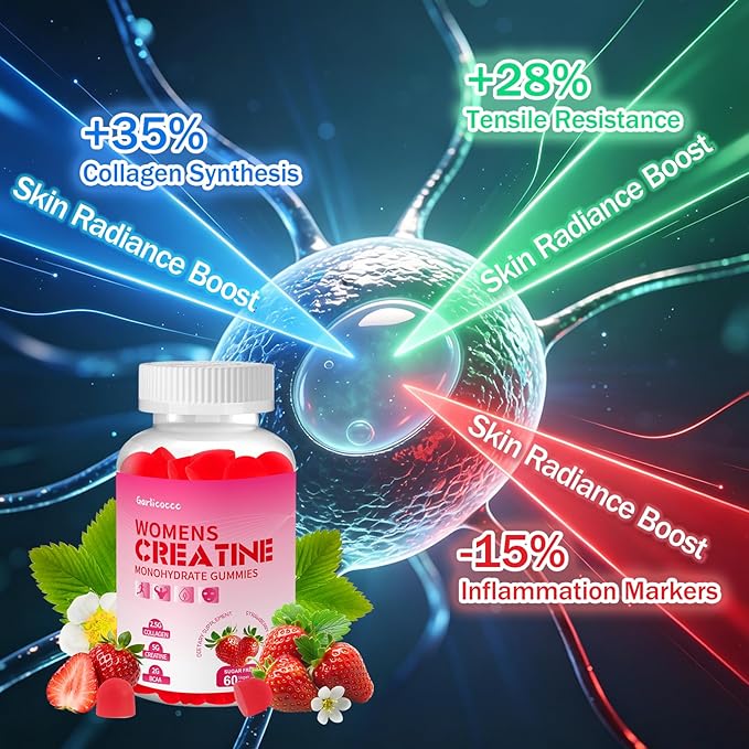 Sugar Free Creatine for Women, Creatine Monohydrate Gummies with Collagen,Energy Creatine Supplement for Muscle Strength, Strawberry Flavor,60 Count