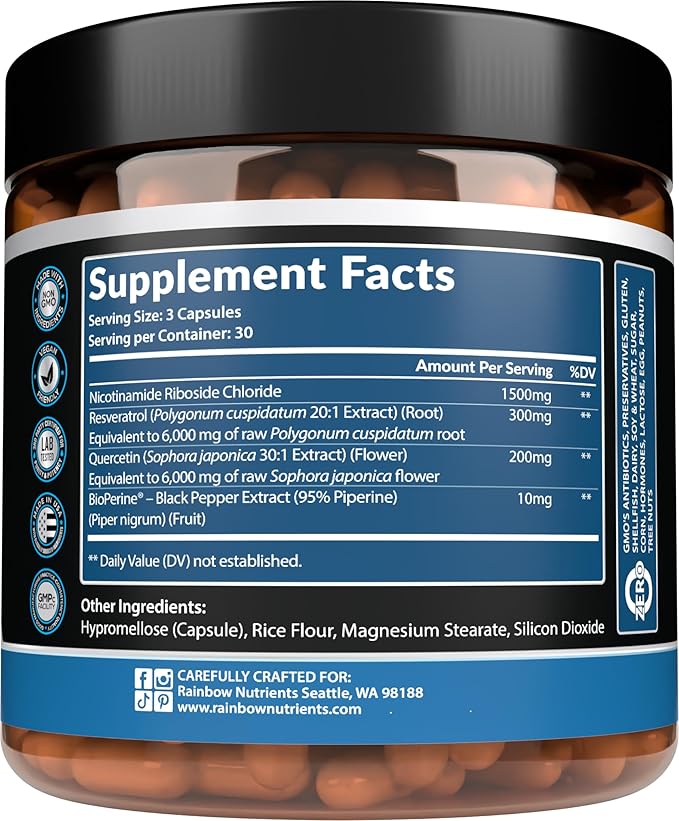 2010 MG NAD+ Supplement- Nicotinamide Riboside, Resveratrol, Quercetin & BioPerine® (High Absorption)- Natural NAD Booster for Anti-Aging, Cellular Energy, Skin- For Women & Men- 90 V Capsules