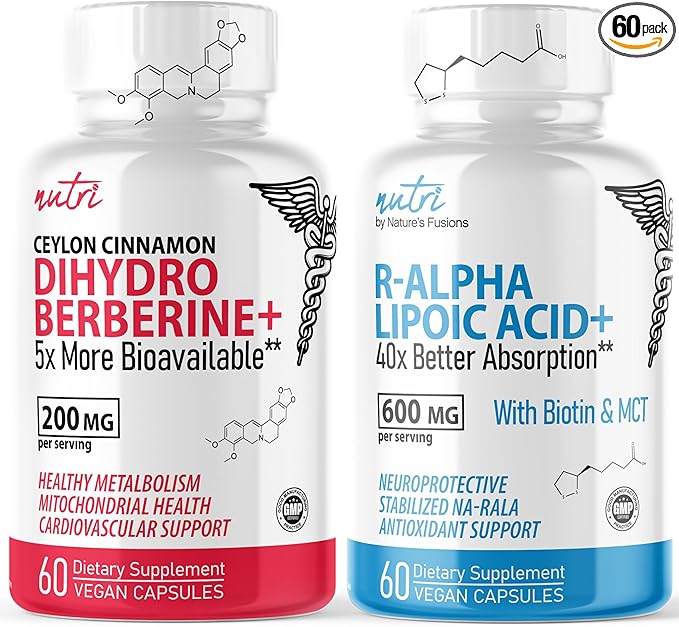 Nature's Fusions Dihydroberberine 200mg (60 Capsules) - R Alpha Lipoic Acid 600mg (60 Capsules) Bundle