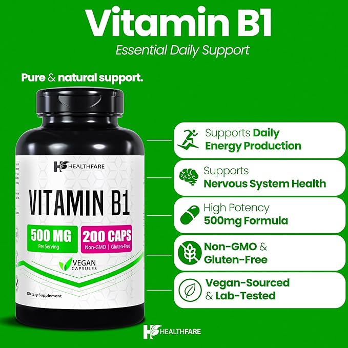 Healthfare Vitamin B1 (Thiamine) 500mg | 200 Vegan Capsules | Extra Strength High Potency Supplement | Supports Energy & Nervous System | Non-GMO, Gluten-Free | Made in USA