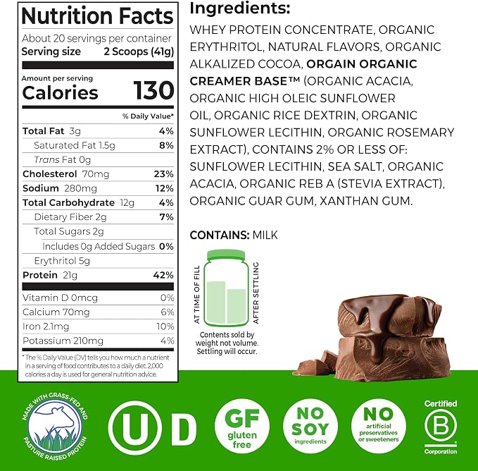 Orgain Whey Protein Powder, Creamy Chocolate Fudge - 21g Grass Fed Dairy Protein, 5g BCAAs, 4g Prebiotic Fiber, 2g Sugar, No Added Hormones, Gluten Free, Kosher, For Shakes & Smoothies - 1.82lb
