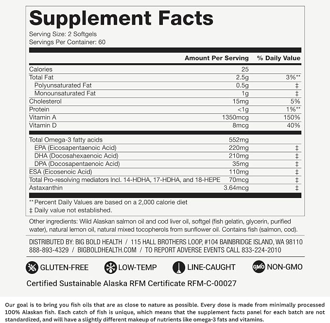 Big Bold Health Dutch Harbor Omega Maintain Softgels - Premium Alaskan Cod Liver Oil (120 Count) - Sustainably Sourced Omega-3 Supplement with EPA, DHA, DPA - Natural Vitamins A & D - MSC Certified