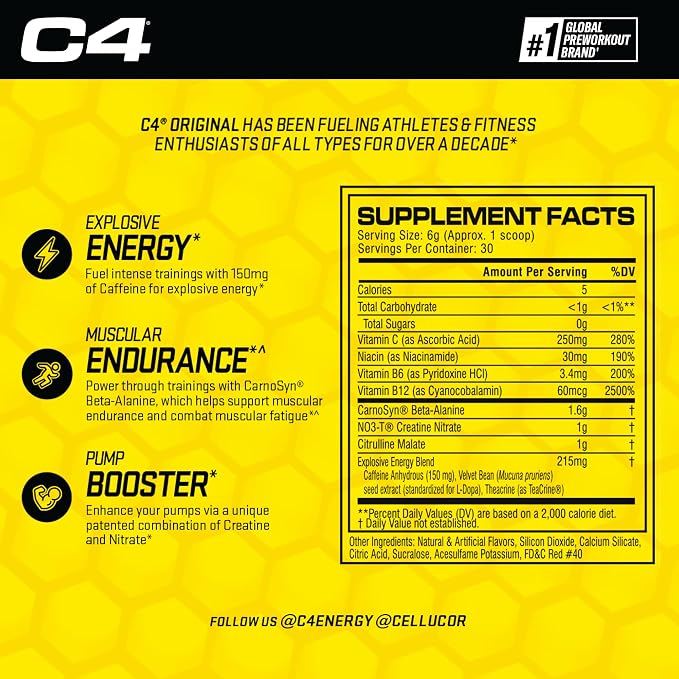 Cellucor C4 Original Pre Workout Powder Fruit Punch | Vitamin C for Immune Support | Sugar Free Preworkout Energy for Men & Women | 150mg Caffeine + Beta Alanine + Creatine | 30 Servings