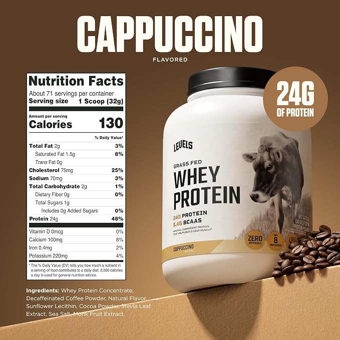 Levels Whey Protein Powder, No Artificial Ingredients, Cappuccino, 5LB | 24G of protein and 5.4G BCAAs per scoop, made with hormone-free dairy, zero junk, no fillers, no added sugar, certified clean