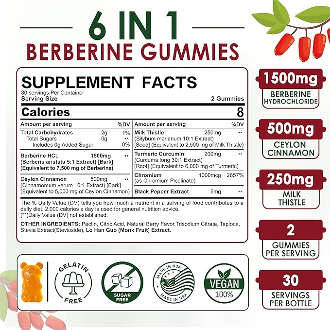 Berberine Gummies Supplement 1500mg, Natural GLP-1 Support + Ceylon Cinnamon, Chromium, Milk Thistle, Turmeric, AMPK Activator for Women & Men, Berberine HCl from Indian Barberry, Sugar Free, 60 Count