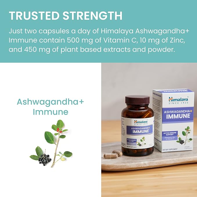 Himalaya Ashwagandha+ Immune - Herbal Immune Support Supplement with Vitamin C, Zinc, Elderberry, and Amla for Immunity - Vegan, Non-GMO, Gluten Free, 960 mg, 60 Capsules