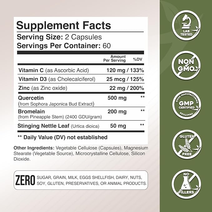 Quercetin with Vitamin C and Zinc - Nettle Quercetin - Quercetin 500mg - Quercetin with Bromelain - Zinc Quercetin + Vitamin D3 - 120 Veggie Caps - (Non-GMO, Gluten-Free, Vegan) - 2 Month Supply