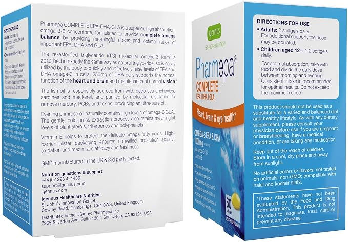 Igennus Pharmepa rtg Omega 3 EPA DHA Fatty Acids 1000mg, IFOS Certified, High Potency Wild Fish Oil with GLA Evening Primrose Oil, Lemon Flavor, 360 Softgels
