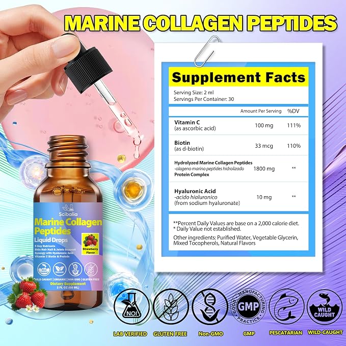 Marine Collagen Peptides Liquid Drops, Hydrolyzed Multi Type I & III Collagen w. Hyaluronic Acid Biotin Vitamin C for Joint, Skin, Hair & Nail, Liquid Marine Collagen High Absorption for Women Men