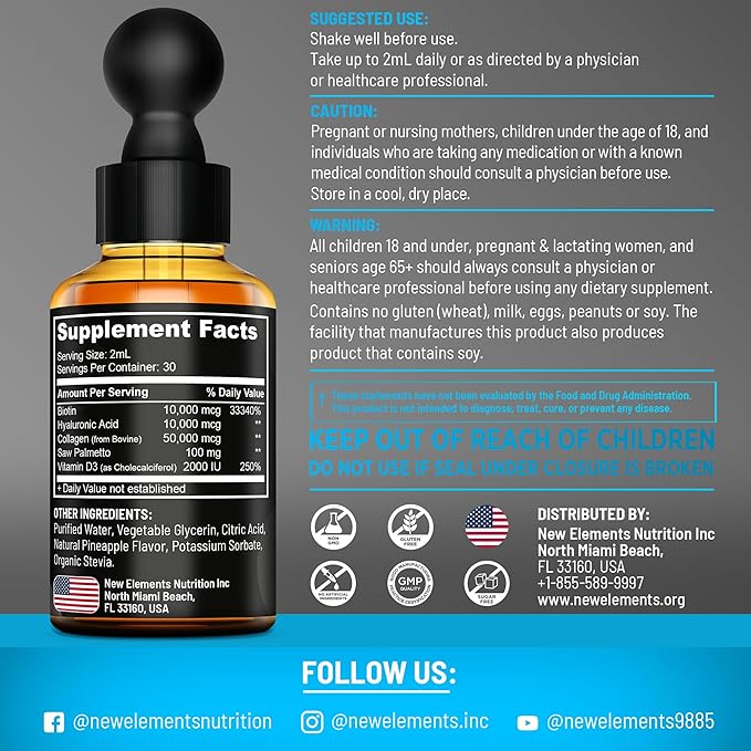 Liquid Biotin for Hair Growth Women & Men 10000mcg | Biotin and Collagen Supplements with Saw Palmetto & Hyaluronic Acid | Biotin Drops for Hair Growth with Vitamin D3 for Hair Skin and Nails