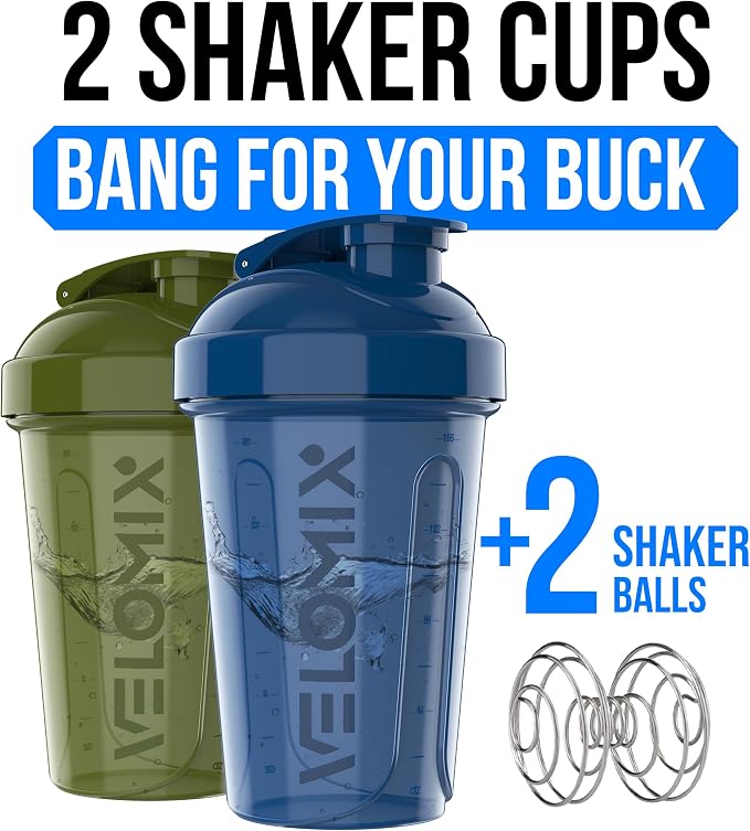 VELOMIX -2 Pack- 20 oz Protein Shaker Bottles for Protein Mixes - 2x Wire Whisk | Leak Proof Shaker Cups for Protein Shakes and Pre Workout | Protein Shaker Bottle Pack (B3) Green/Blue