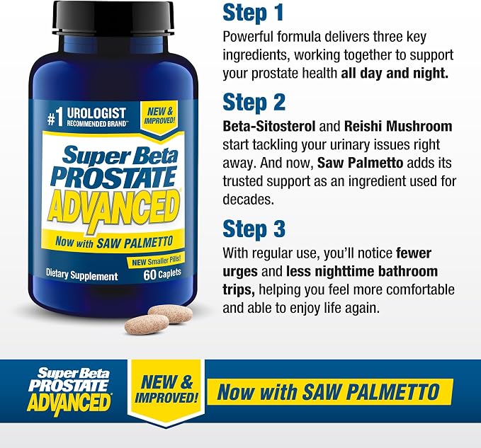 SUPER BETA PROSTATE Advanced with Saw Palmetto - Prostate Health Supplements for Men, Bladder & Urinary Support with Beta-sitosterol, Reishi, Saw Palmetto, Vitamin D, Zinc Oxide, Selenium - 240 Count
