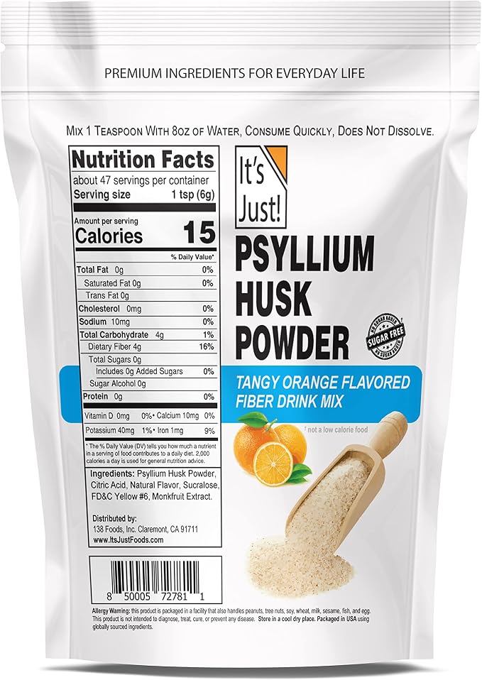 It's Just! - Psyllium Husk Powder, Easy Mixing Dietary Fiber, Cleanse Your Digestive System, Finely Ground Powder, Ideal for Keto Baking, Non-GMO (Tangy Orange, 10oz (Pack of 1))