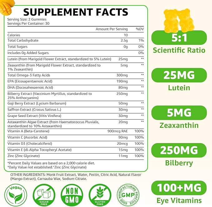 Sugar Free Lutein Gummies 25mg, Lutein and Zeaxanthin Supplements for Eye Health, 13-in-1 Eye Care Formula with Omega-3 Bilberry Saffron & Vitamins-Vision Health, Eye Strain, Dry Eyes, Vegan 60 Count