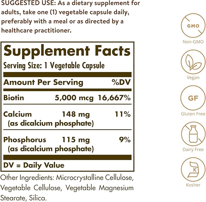 Solgar Biotin 5000 mcg, 100 Veg Caps - Promote Healthy Skin, Nails & Hair - Supports Energy Production, Protein, Carbohydrate & Fat Metabolism - Vitamin B - Non GMO, Vegan, Gluten Free - 100 Servings