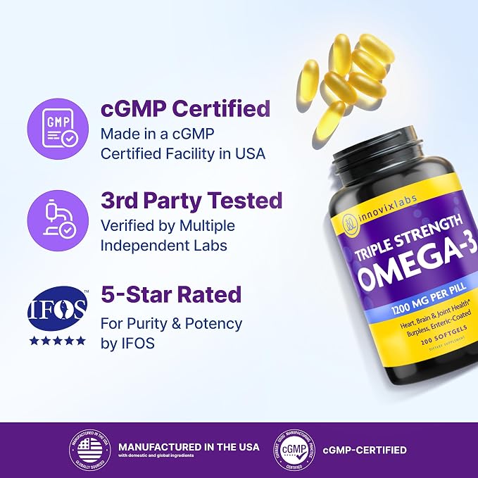 InnovixLabs Triple Strength Omega 3 Supplement, Burpless Fish Oil for Women and Men - 900 mg EPA & DHA, Brain & Joint Support, Award Winning & Third-Party Tested, 200 Softgels