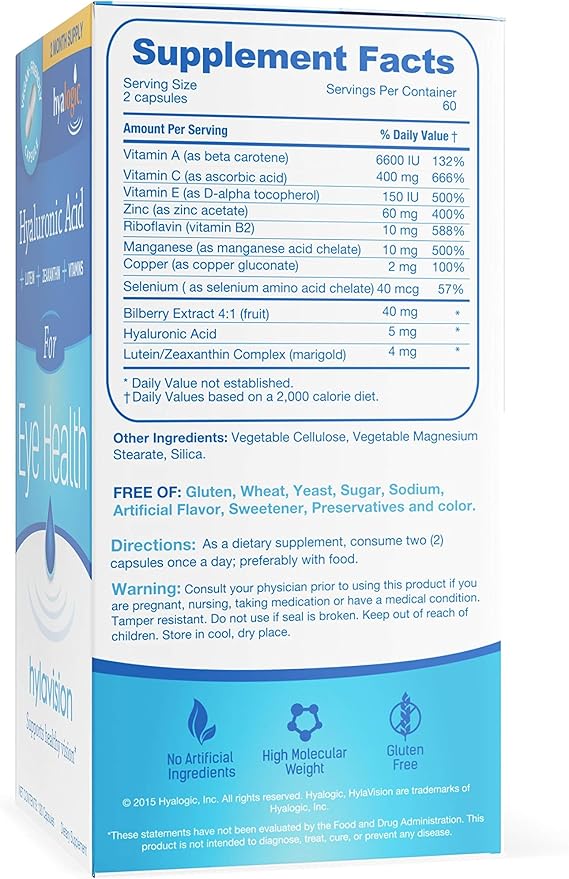 Hyalogic HylaVision Eye Vitamins – with Hyaluronic Acid, Clear Eyes with Lutein and Zeaxanthin Supplements for Eye Care Eye Health Support - 120 Capsules
